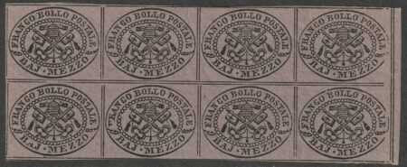 I^ Em. 1/2 b. violetto grigiatro Blocco di 8 Bdf nuovo raro lusso periziato – Sassone n.1A