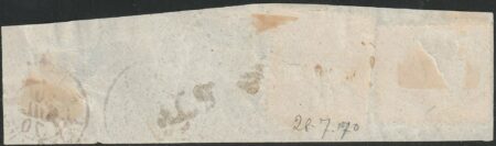 III^ Em. Bicolore 20 c. rubino + 80 c. rosa ch. su frammento da Roma raro periziato – Sassone n.28f+30