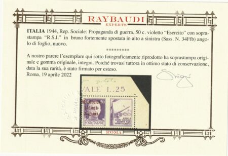 RSI Pdg 50 c. Sovrastampa Bruna fortemente spostata in alto a sx Adf integro Rarità Certificata – Sassone n.34Ffb