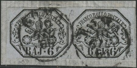 I^ Em. 6 b. lilla grigio coppia marginata usata su frammentino da Roma rara pluriperiziata – Sassone n.7A