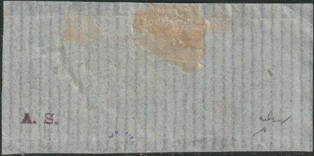 I^ Em. 6 b. lilla grigio coppia marginata usata su frammentino da Roma rara pluriperiziata – Sassone n.7A