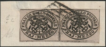 I^ Em. 1/2 b. grigio lilla coppia ben marginata su framentino rara periziata – Sassone n.1c