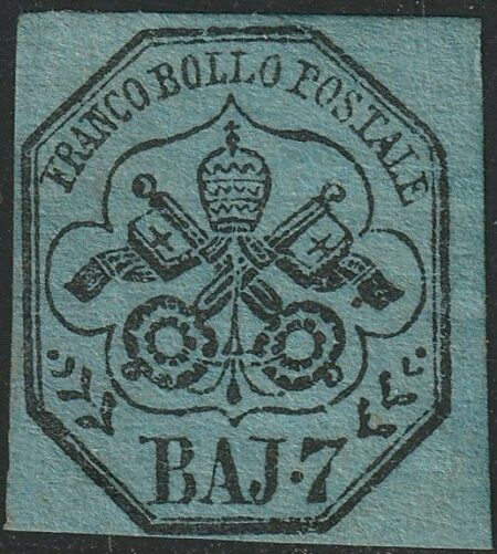 I^ Em. 7 b. azzurro chiaro ben marginato nuovo raro periziato – Sassone n.8a