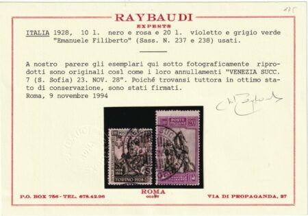 Em. Filiberto Serie Completa di 13 valori Sass S.48 usata Cert.Raybaudi Spl Cv 2000