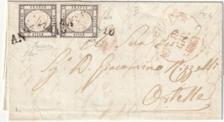 1861 10 Giu 1 gr. coppia verticale su lettera da Lecce Svolazzo +cerchio R Pt.8 x Ostelle rara – Sassone n.19