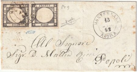 1862 13 Ago 1 gr. nero intenso coppia ampi margini su sovracoperta da Montereale Pt.9 x Popoli rara pluriperiziata – Sassone n.19c