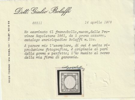 2 gr. azzurro Sass 20b MNH** margini enormi Cert. Giulio Bolaffi Extra Lusso