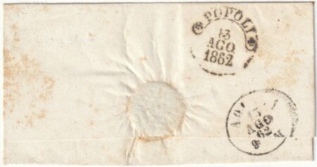 1862 13 Ago 1 gr. nero intenso coppia ampi margini su sovracoperta da Montereale Pt.9 x Popoli rara pluriperiziata – Sassone n.19c