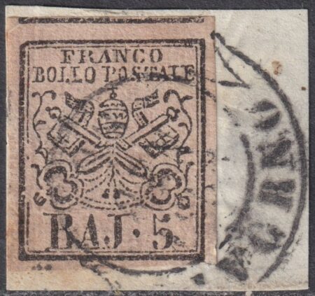 I^ Em. 5 b. Sass 6 usato su frammento annullo toscano a Banderuola di Livrono f.ED, Vaccari Rarità