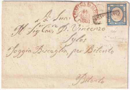 1862 14 – 2 gr. azzurro ampi margini su sovracoperta da Napoli Pt.7 x Bitonto