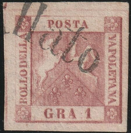 1 gr. II^ Tav. carminio cupo Sass 4c usato grandi margini Svolazzo Tipo 7 Cert. Giulio Bolaffi Lusso