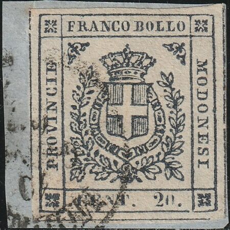 Governo Provv. 20 c. nero violaceo Sass 15b usato grandi margini f.Giulio Bolaffi Cert. Bolaffi 100% Lusso Cv 1450