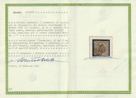 Governo Provv. 20 c. nero violaceo Sass 15b usato grandi margini f.Giulio Bolaffi Cert. Bolaffi 100% Lusso Cv 1450