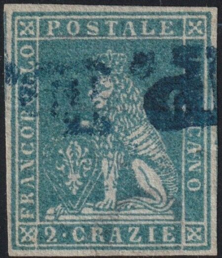 I^ Em. 2 cr. azzurro chiaro grandi margini annullo PD azzurro lusso – Sassone n.5