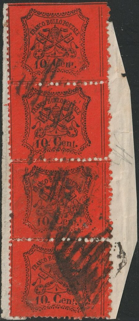 III^ Em. 10 c. ar. vermiglio striscia verticale di 4 centratissima usata su framm. rara periziata – Sassone n.26