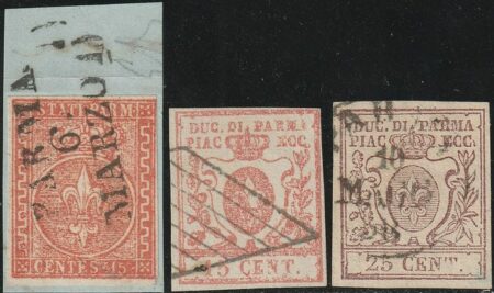 II^ Em. 15 c. + III^ Em. 15 c. + 25 c. usati raro insieme periziato – Sassone n.7+9b+10