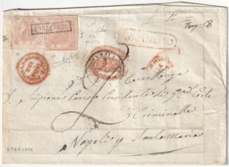 1858 3 Feb Mista 2 gr. I^ Tav. + 2 gr. III^ tav. Sass 5+7 su busta da Rogliano x S.Maria Tassa e Cifra Insuff. f. Ray RR