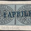 I^ Em. 1/2 b. grigio azzurro coppia Sass 1a molto ben marginata usata su framm. annullo a data azzurro f.G.Bolaffi Spl