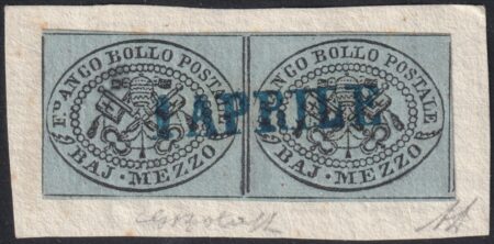 I^ Em. 1/2 b. grigio azzurro coppia Sass 1a molto ben marginata usata su framm. annullo a data azzurro f.G.Bolaffi Spl