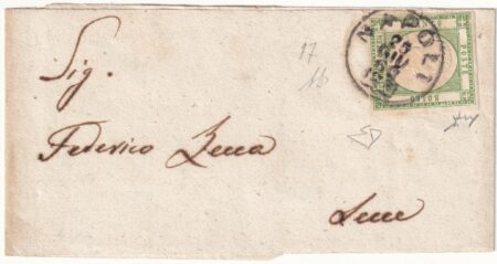 1862 25 Giu 1/2 t. isoalto Sass 17b ben marginato su fascetta da Napoli x Lecce f. Chiav,AD,ED Cv 1650