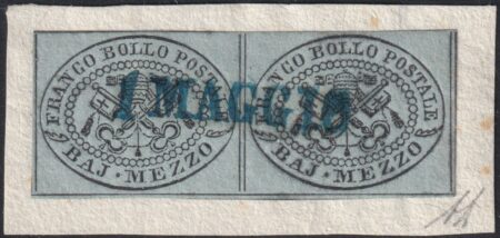 I^ Em. 1/2 b. grigio azzurro coppia Sass 1a ben marginata usata su framm. annullo a data azzurro f.AD Spl