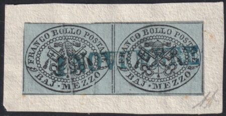 I^ Em. 1/2 b. grigio azzurro coppia Sass 1a ben marginata usata su framm. annullo a data azzurro f.AD Spl