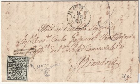 1865 4 Apr 2 b. Spazio Tipografico Sass 3Ab VAR su lettera da Roma x Rimini rara varietà rara