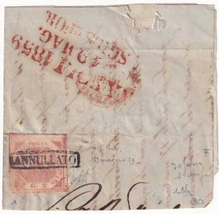 1859 19 Mag 2 gr. Doppia Incisione Sass 5c ben marginato su framm. f. AD Spl