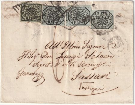 1860 25 Mag 2 b. + 6 b. x 3 Sass 3+7 su lettera da Roma x Sassari tassata 60 c. rara
