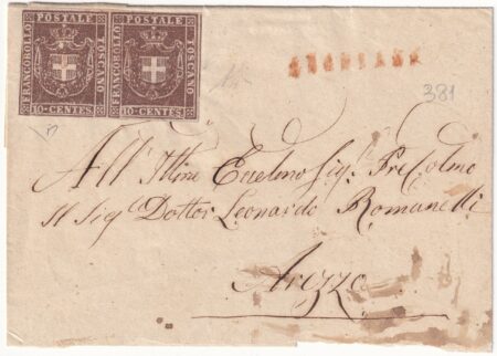 10 c. coppia Sass 19 su sovr. da Anghiari rosso Pt.10 x Arezzo f.ED+AD rara Cv 2450