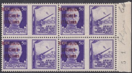 RSI Pdg 50 c. Sovr. Bruna fortem. spostata in alto a sx Quartina Bdf integra Rarità Certificata – Sass. n.34Ffb Cv 20000