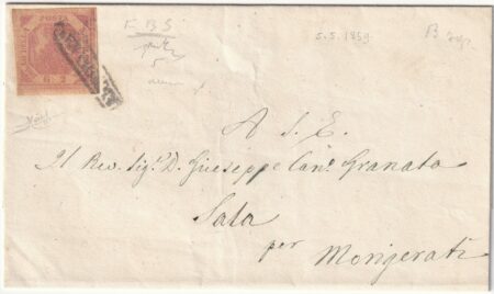1859 5 Mag 2 gr. Carta Crema Sass 5a ben marginato su sovr. da Napoli x Mongerati f.Ray Spl
