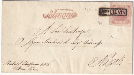 1858 18 Apr 2 gr. Sass 7c ben marginato su sovr. da Solmona x Napoli Spl