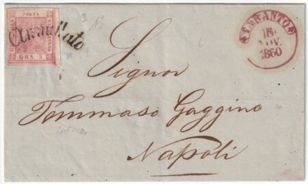 1860 18 Nov 5 gr. isolato Sass 9 Bdf su fresca sovr. da Taranto Svolazzo Pt.6 x Napoli f.AD. Spl