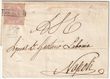 1858 14 Feb 2 gr. Carta Crema Senza Filigrana Sass 5a/v su sovr. da Rossano x Napoli f.Chiav. Spl