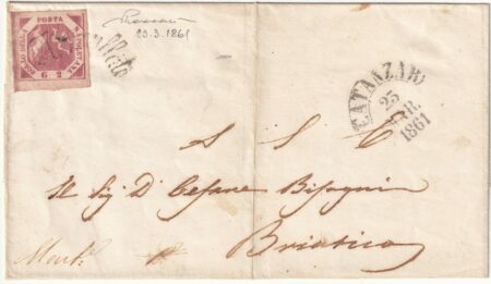 1861 23 Apr 2 gr. Sass 7g su fresca sovr. da Catanzaro Svolazzo Pt.8 x Briartico f.Vacc. Spl
