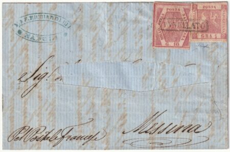 1860 24 Set 10 gr. + 1 gr. Doppia Incisione Pos.10 Sass 11+4b/f su lettera da Napoli x Messina f.Chiav. rara