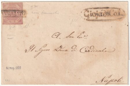 1859 20 Mag 2 gr. carta crema Sass 5c su sovr. da Gioia diCcalabria x Napoli f. AD, Chiav rara