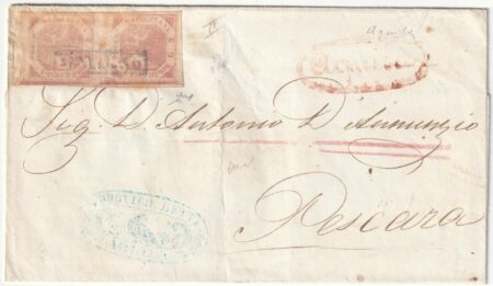1858- — 2 gr. II^ Tav. coppia Giglio completo capovolto Sass 6 su sovr. da Aquila x Pescara f. Chiav. rara
