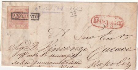 1858 18 Nov 2 gr. BT parz. capovolto con Filigrana lettere Sass 7o su sovr. non compl. da Foggia x Napoli molto rara