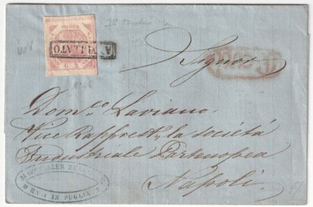 1858 – Ott 2 gr. III^ Tav. con ruletta II^ Tav. pos.46 Sass 7m su sovracoperta da Bari x Napoli molto rara Cv 1750