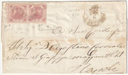 1860 8 Dic Luogotenenza 2 gr. coppia Sass 7 su sovr. da Cosenza Svolazzo Pt.6 x Napoli f. Chiav., Pal. Spl