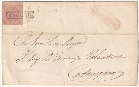 1858 – — 2 gr. Carta Crema Sass 5a su sovracoperta da Rossano x Catanzaro f.Chiav.
