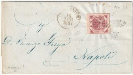 1861 16 Apr 2 gr. Sass 7f su sovr. da Rossano Svolazzo Pt.10 x Napoli f. Chiav., AD,Sass. Spl