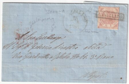 1860 16 Feb 2 gr. Sass 5 su sovracoperta da Scilla Pt.7 x Napoli f.Vaccari, AD, ED