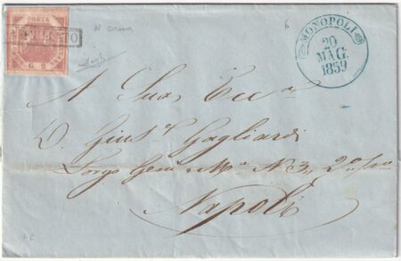 1859 20 Mag 2 gr. Sass 7c ben marginato su letera da Monopoli Pt.4 x Napoli f.Ray.