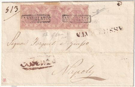 1858 27 Sett 2 gr. Carta Sottile striscia di 3 Sass 5h su assicurata da Cosenza x Napoli f. AD, Sorani rarissima