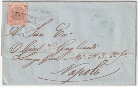 1859 30 Ott 2 gr. Sass 5c marginato su lettera da Monopoli azzurro Pt.4 x Napoli f. Ray