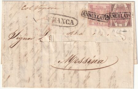 1858 20 Lug 1 gr.+ 10 gr. filigrana Bdf Sass 3+10b Fil. su lettera da Napoli “Col Vapore” x Messina