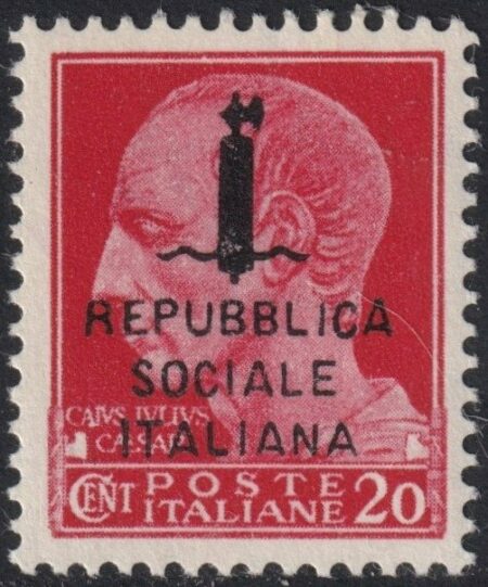 RSI Errore di Soprastampa Giulio Cesare 20 c. carminio centrato integro raro lusso periziato – Sassone n.495/A